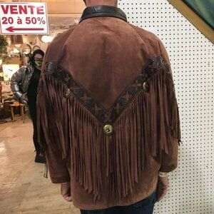 Vtg 1980 cowboy western burgundy leather suede fringed womens jacket sz medium